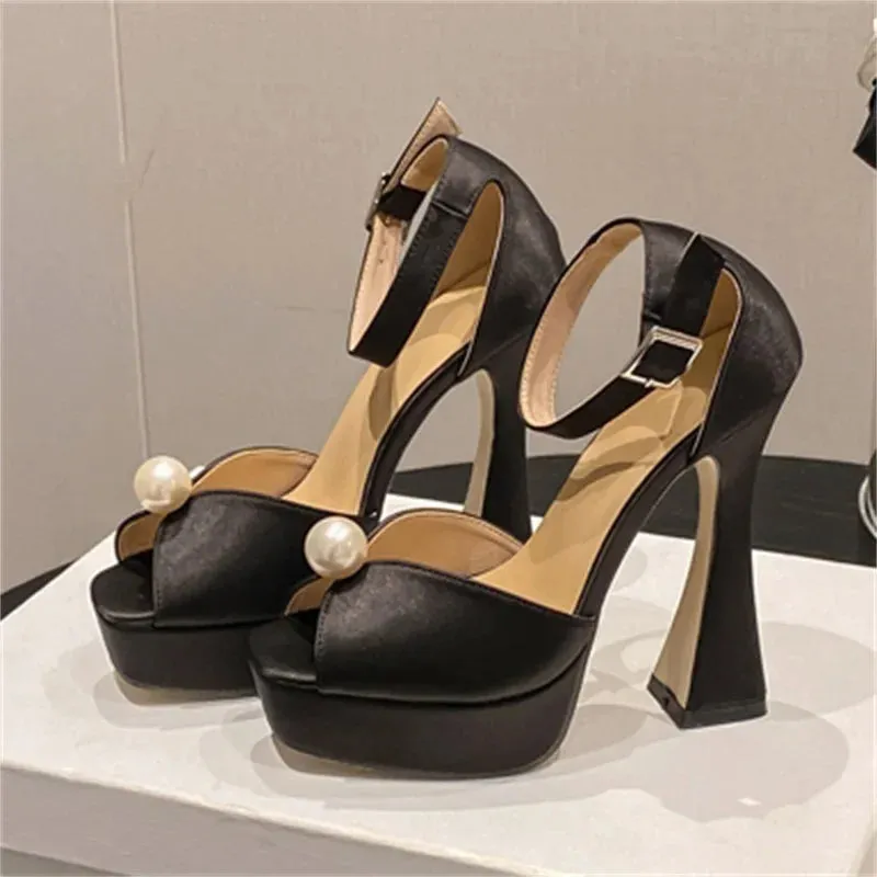 String Bead Silk Platform Buckle Strap Shoes