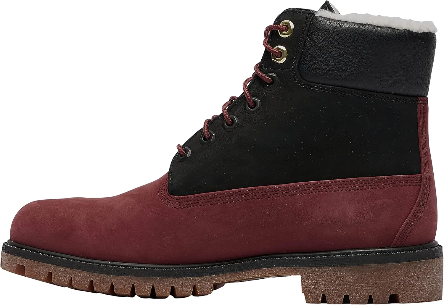 Timberland Youth Boys 6 in Premium Shearling Waterproof Nubuck Boots Shoes, Black/Grapeleaf