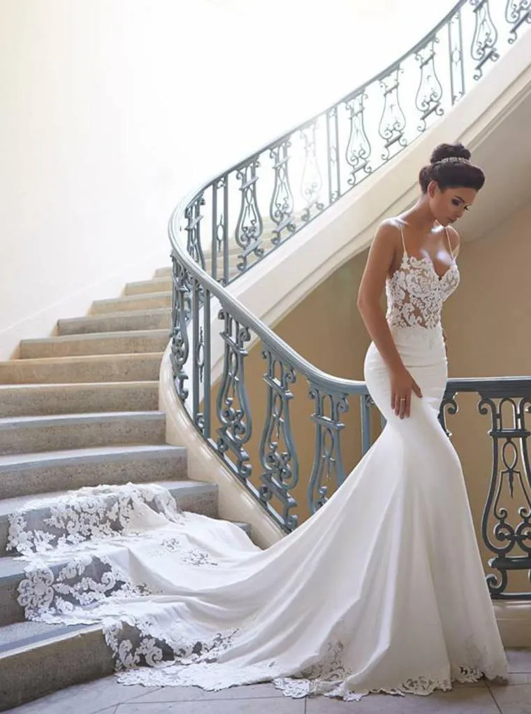 Timeless Mermaid Spaghetti Straps Beach Wedding Dress With Lace Applique