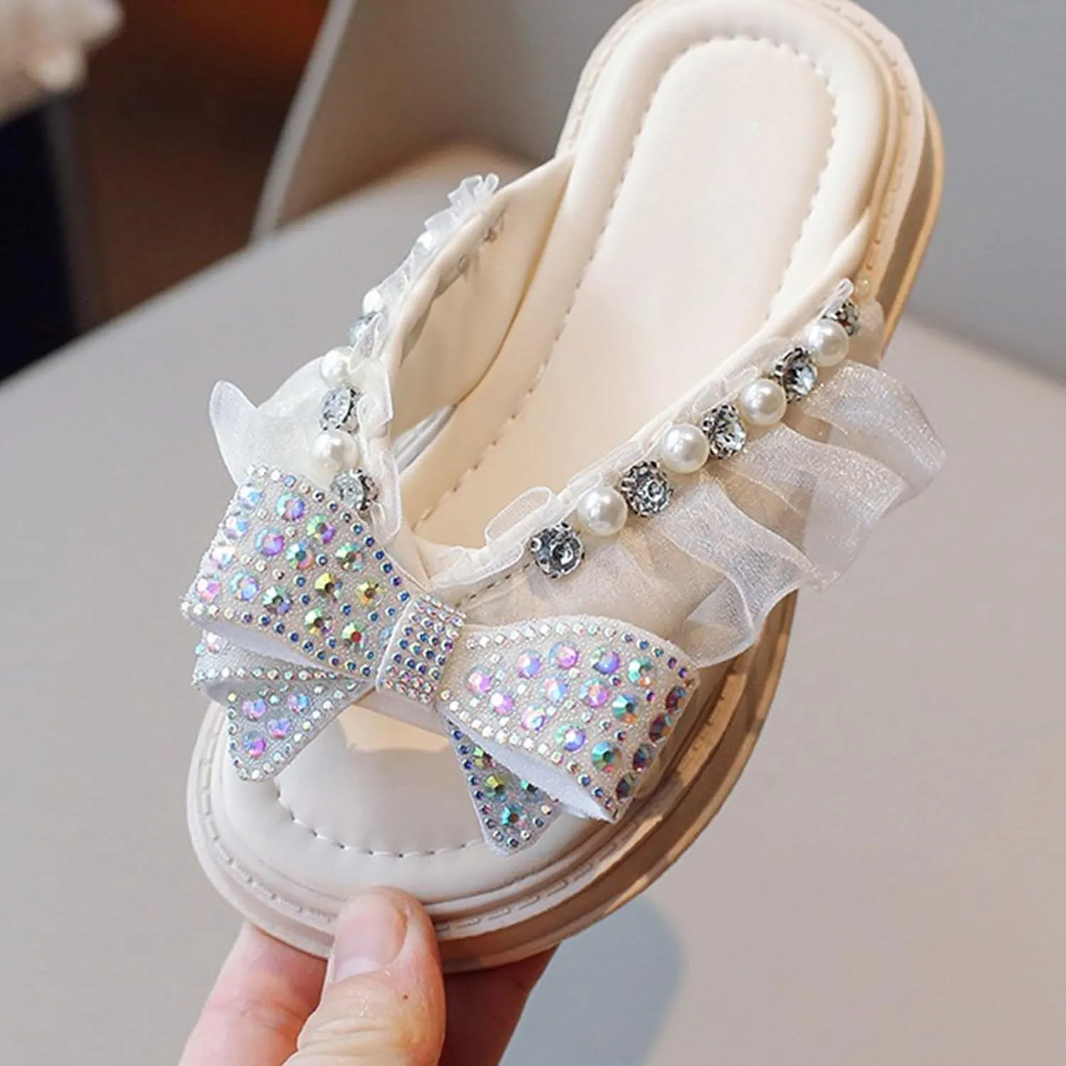 Trendy Elegant Bowknot High Heel Shoes for Girls Lightweight Non Slip Soft Bottom Dress Shoes Fuzzy Slippers for Kids