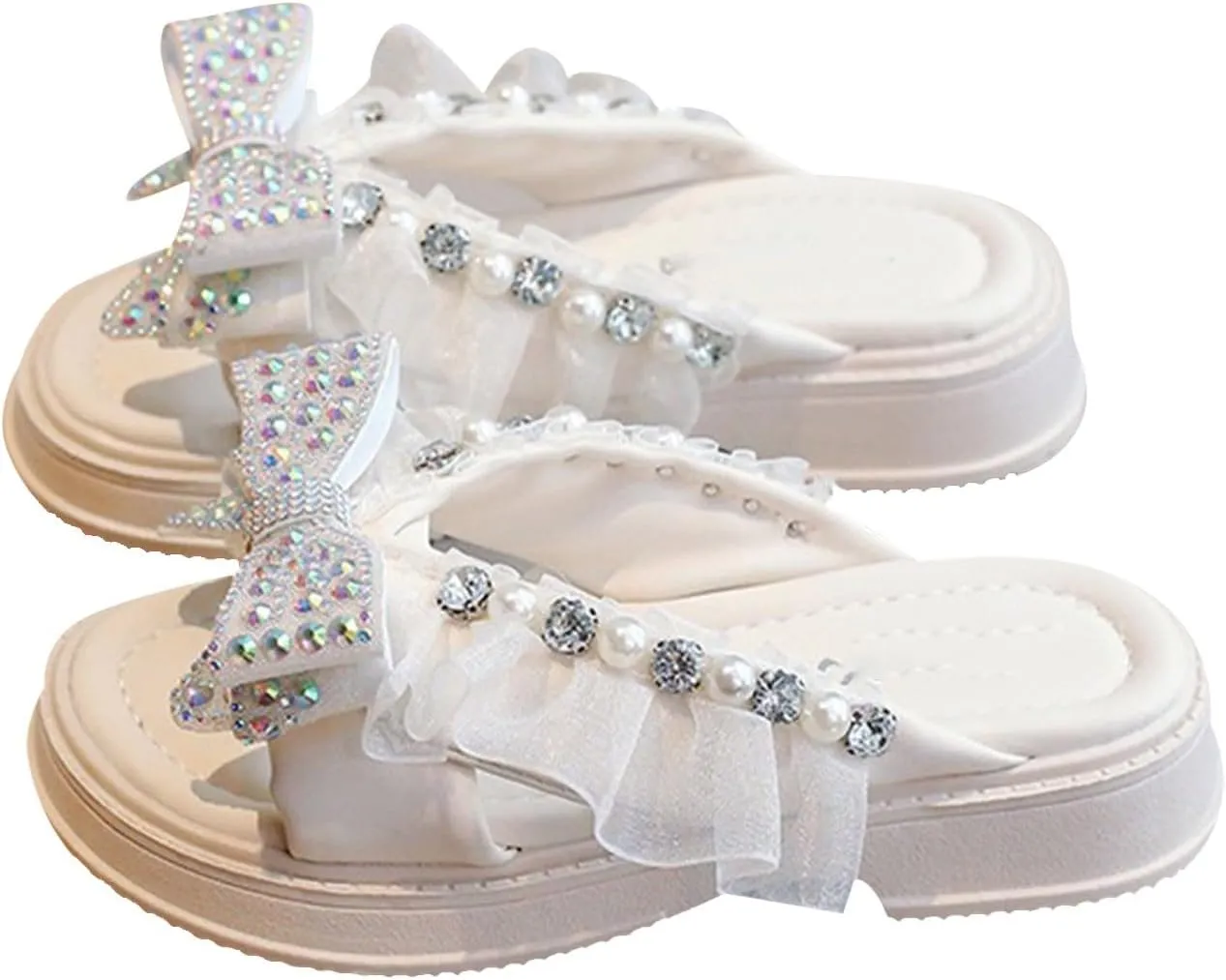 Trendy Elegant Bowknot High Heel Shoes for Girls Lightweight Non Slip Soft Bottom Dress Shoes Fuzzy Slippers for Kids