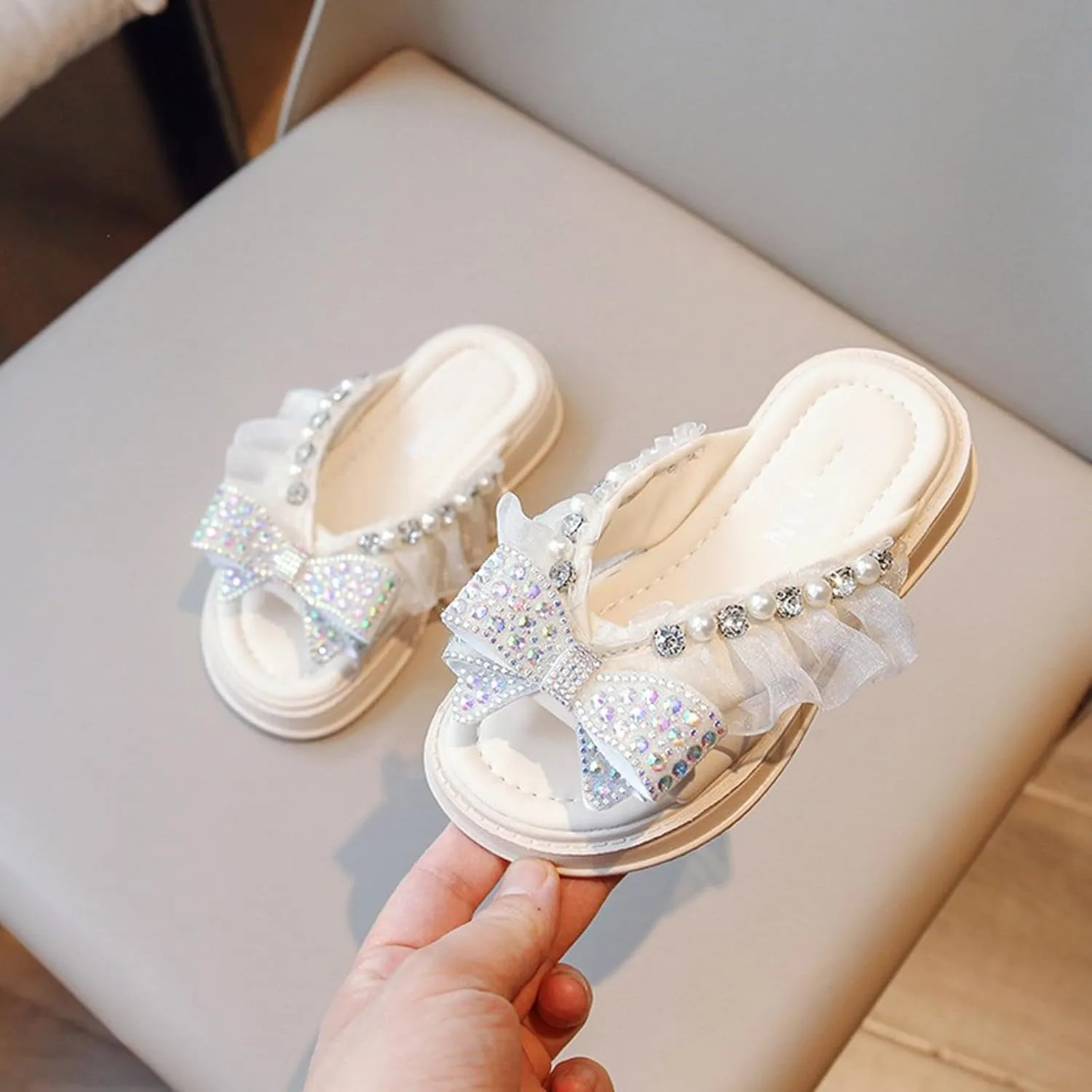 Trendy Elegant Bowknot High Heel Shoes for Girls Lightweight Non Slip Soft Bottom Dress Shoes Fuzzy Slippers for Kids