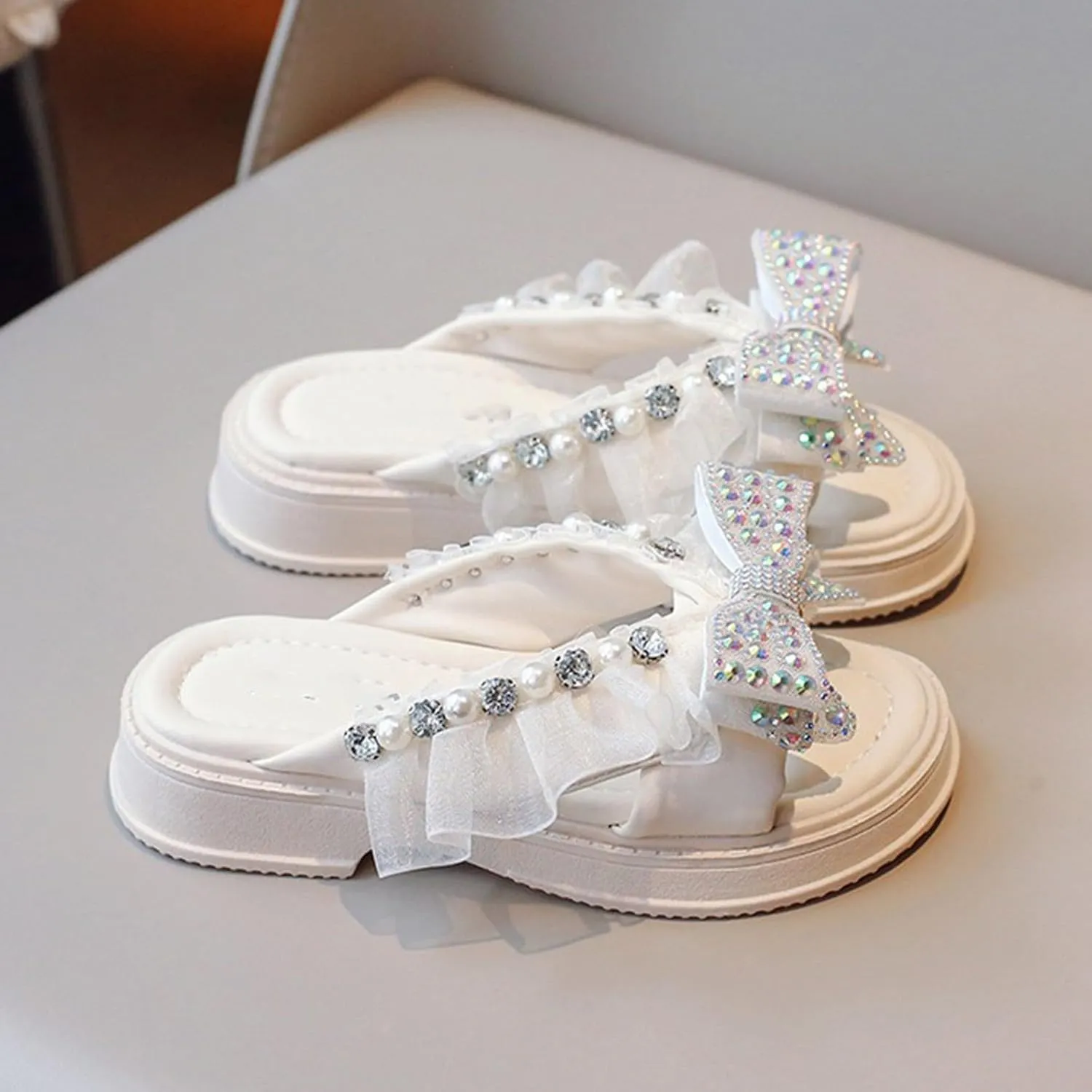 Trendy Elegant Bowknot High Heel Shoes for Girls Lightweight Non Slip Soft Bottom Dress Shoes Fuzzy Slippers for Kids