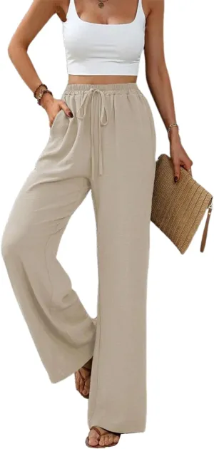 Women's Army Green Wide Leg Pants High Waist Drawstring Loose Fit Long Trousers with Pockets Casual Summer Beachwear