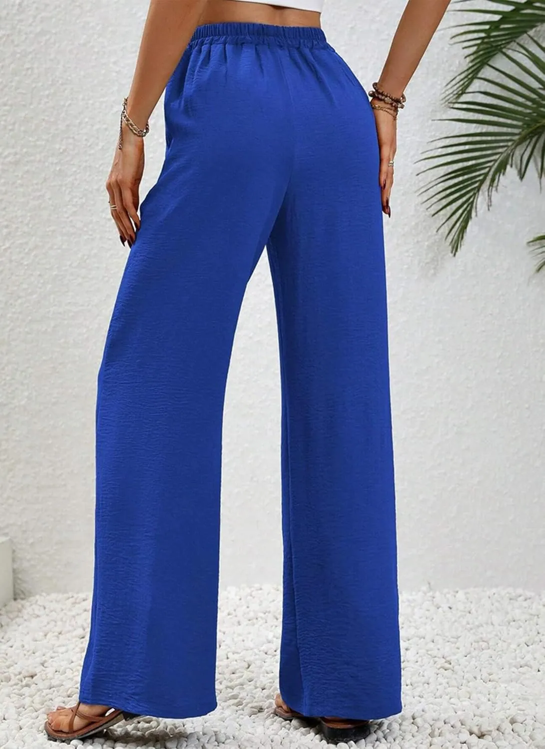 Women's Army Green Wide Leg Pants High Waist Drawstring Loose Fit Long Trousers with Pockets Casual Summer Beachwear