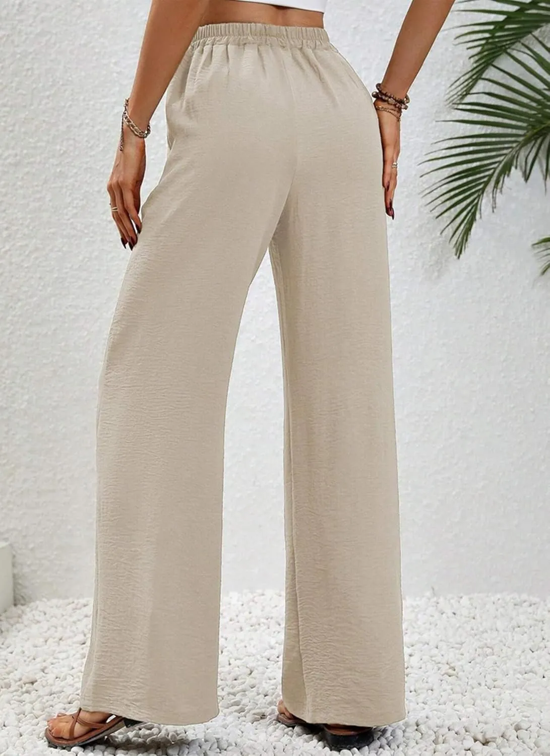 Women's Army Green Wide Leg Pants High Waist Drawstring Loose Fit Long Trousers with Pockets Casual Summer Beachwear