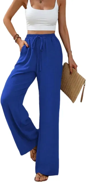 Women's Army Green Wide Leg Pants High Waist Drawstring Loose Fit Long Trousers with Pockets Casual Summer Beachwear