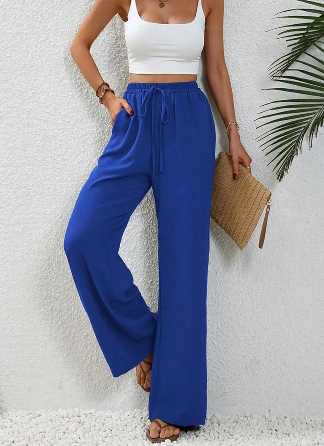 Women's Army Green Wide Leg Pants High Waist Drawstring Loose Fit Long Trousers with Pockets Casual Summer Beachwear