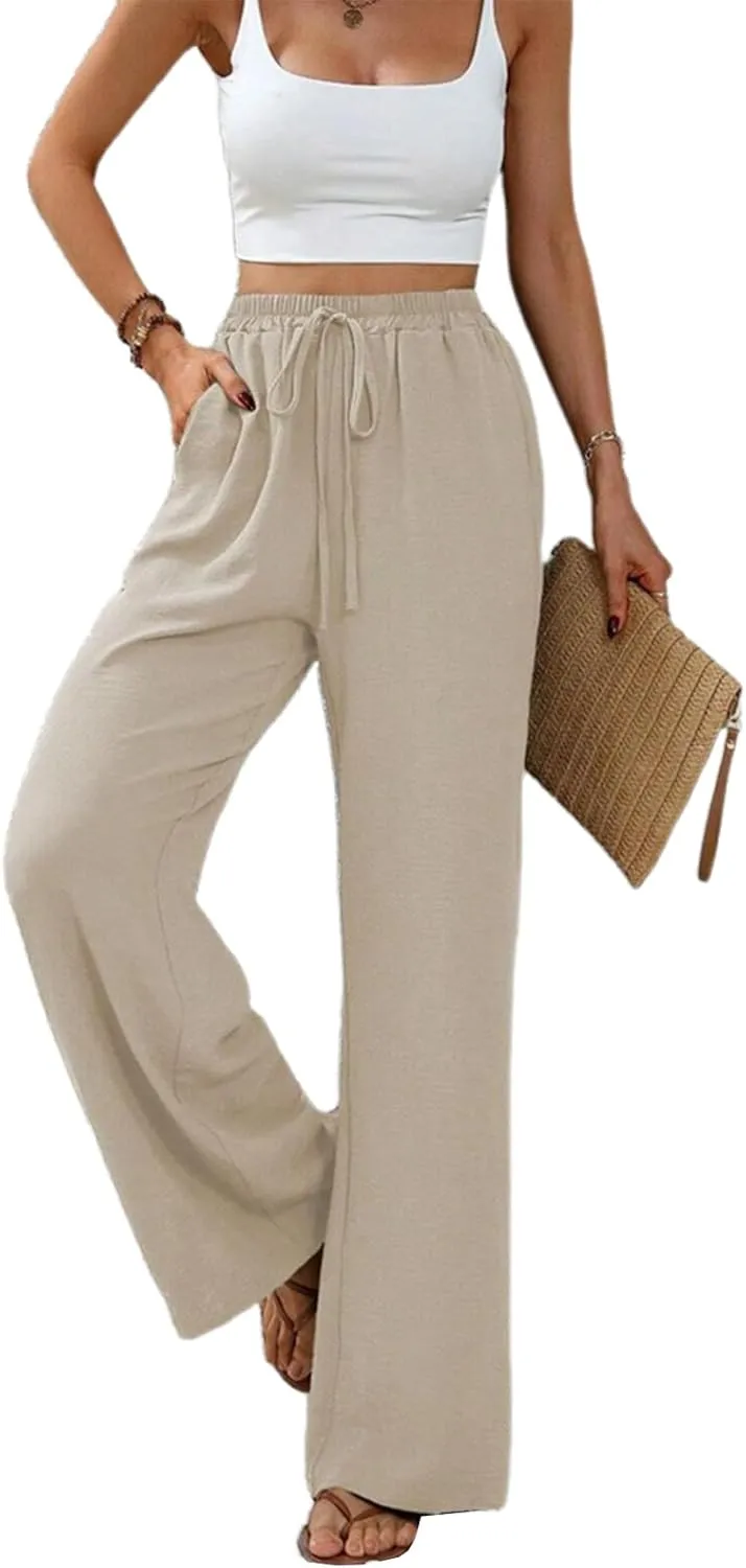 Women's Army Green Wide Leg Pants High Waist Drawstring Loose Fit Long Trousers with Pockets Casual Summer Beachwear
