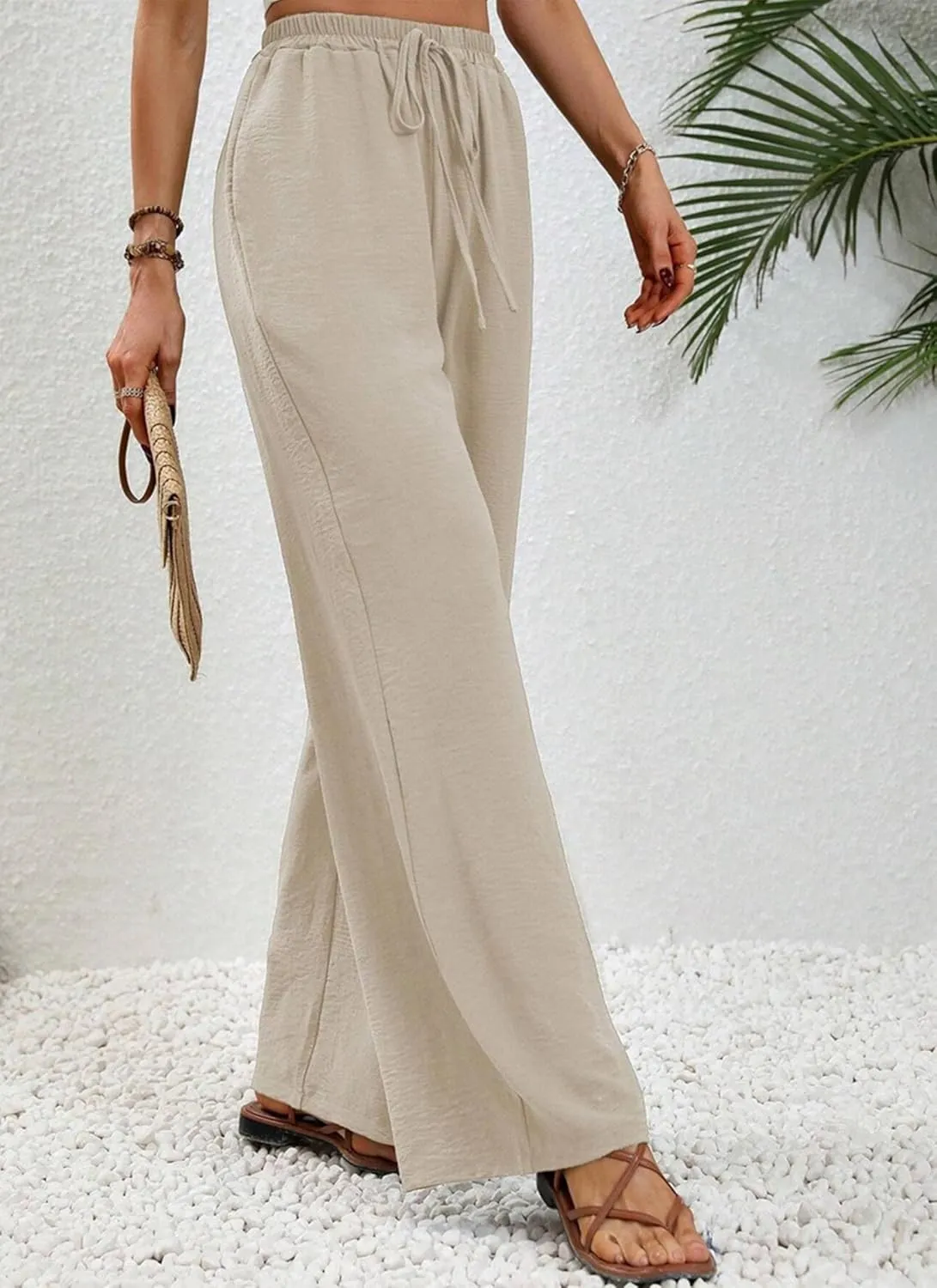 Women's Army Green Wide Leg Pants High Waist Drawstring Loose Fit Long Trousers with Pockets Casual Summer Beachwear