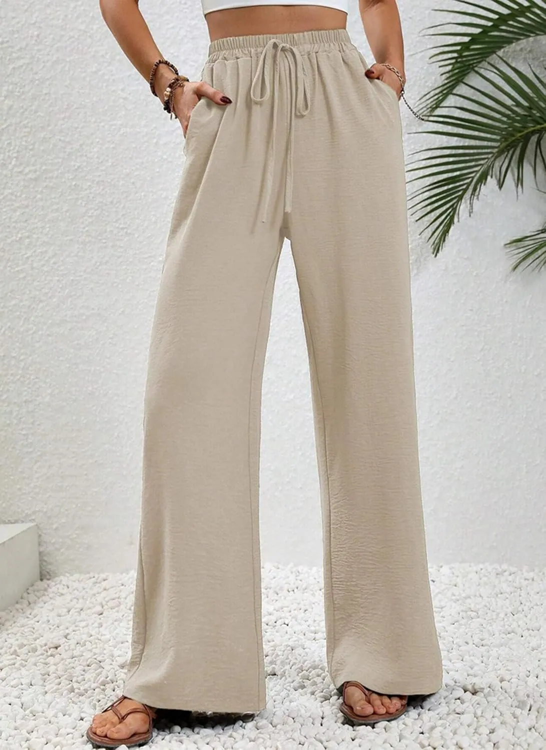 Women's Army Green Wide Leg Pants High Waist Drawstring Loose Fit Long Trousers with Pockets Casual Summer Beachwear