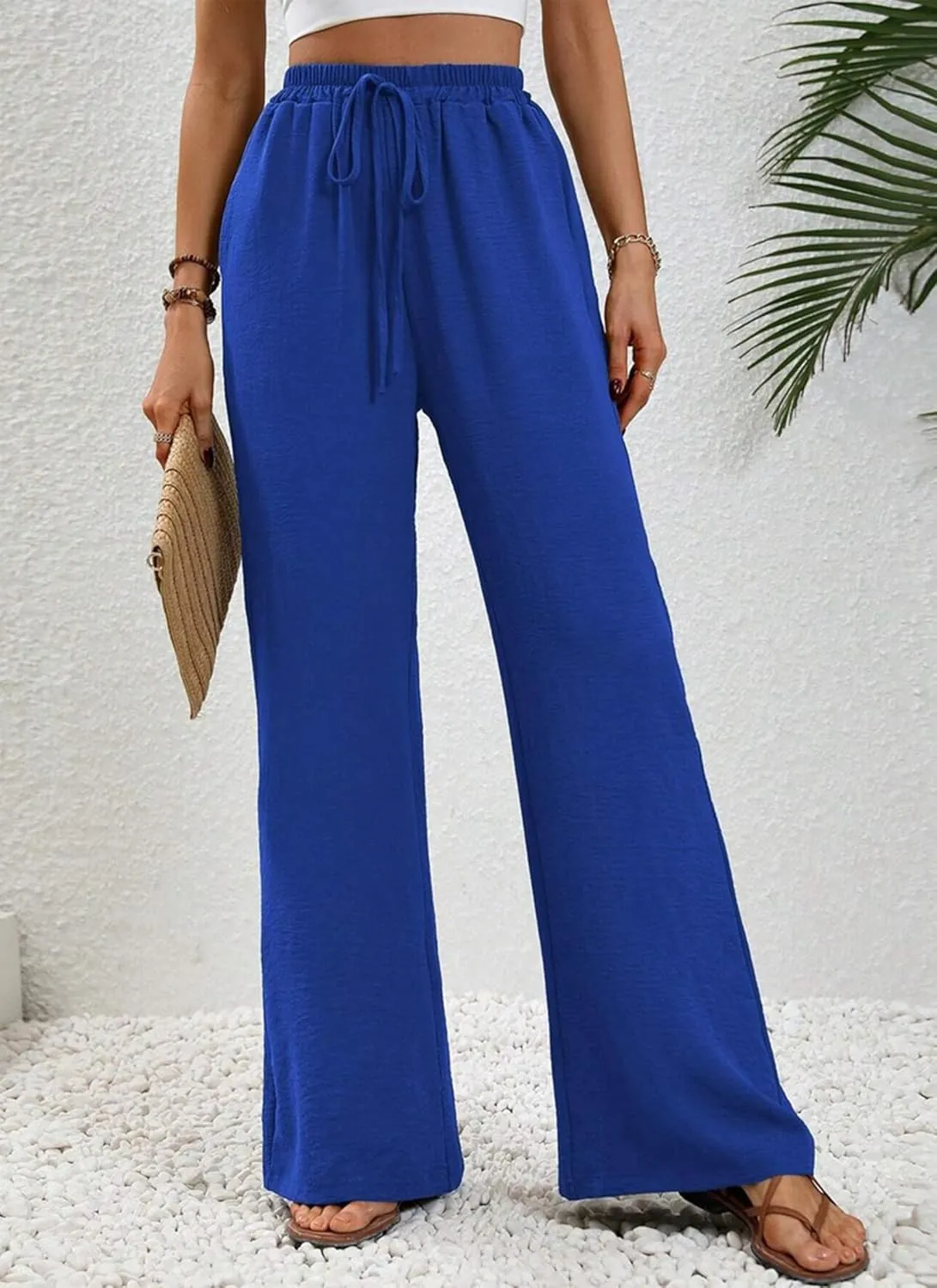 Women's Army Green Wide Leg Pants High Waist Drawstring Loose Fit Long Trousers with Pockets Casual Summer Beachwear