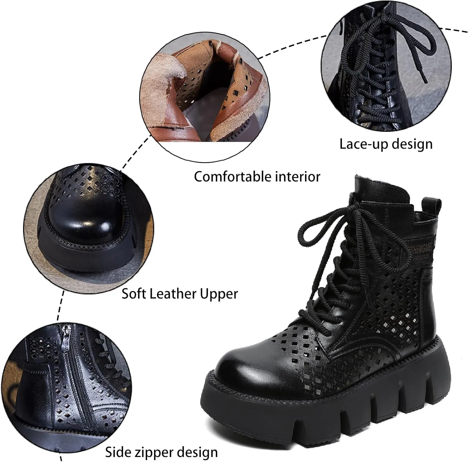 Women's Genuine Leather Chunky Platform Boots Sandals With Side Zipper Fashion Breathable Hollow Out Lace Up Gladiator Sandals Anti-slip Lug Sole Summer Casual Roman Walking Sandals