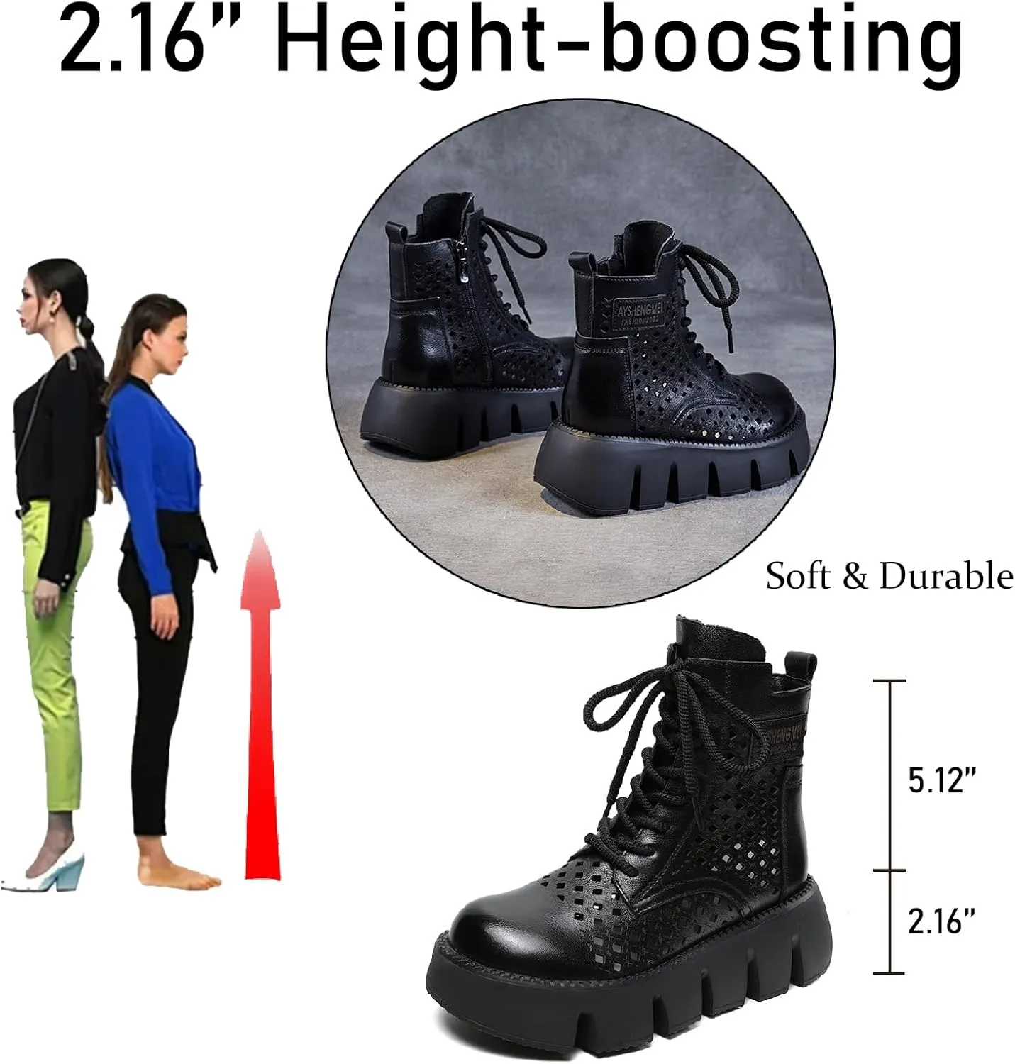 Women's Genuine Leather Chunky Platform Boots Sandals With Side Zipper Fashion Breathable Hollow Out Lace Up Gladiator Sandals Anti-slip Lug Sole Summer Casual Roman Walking Sandals