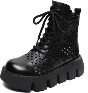 Women's Genuine Leather Chunky Platform Boots Sandals With Side Zipper Fashion Breathable Hollow Out Lace Up Gladiator Sandals Anti-slip Lug Sole Summer Casual Roman Walking Sandals
