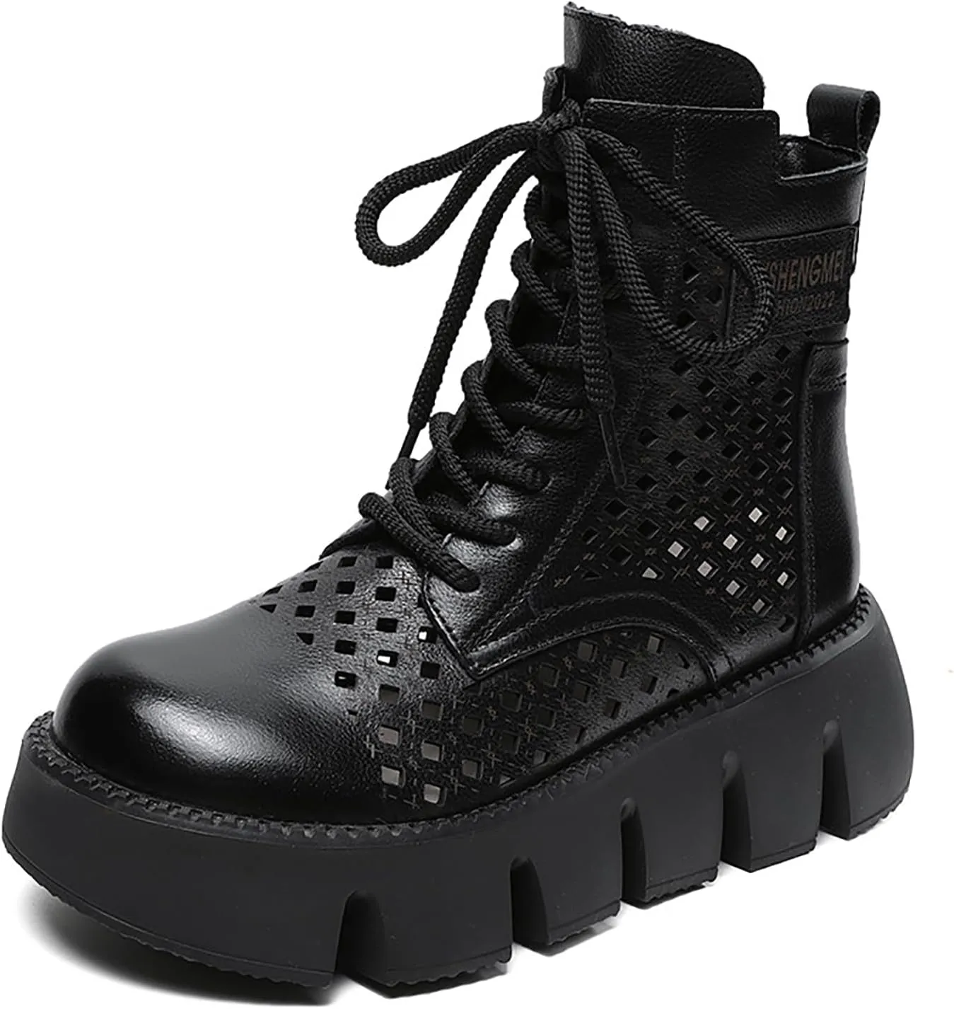 Women's Genuine Leather Chunky Platform Boots Sandals With Side Zipper Fashion Breathable Hollow Out Lace Up Gladiator Sandals Anti-slip Lug Sole Summer Casual Roman Walking Sandals