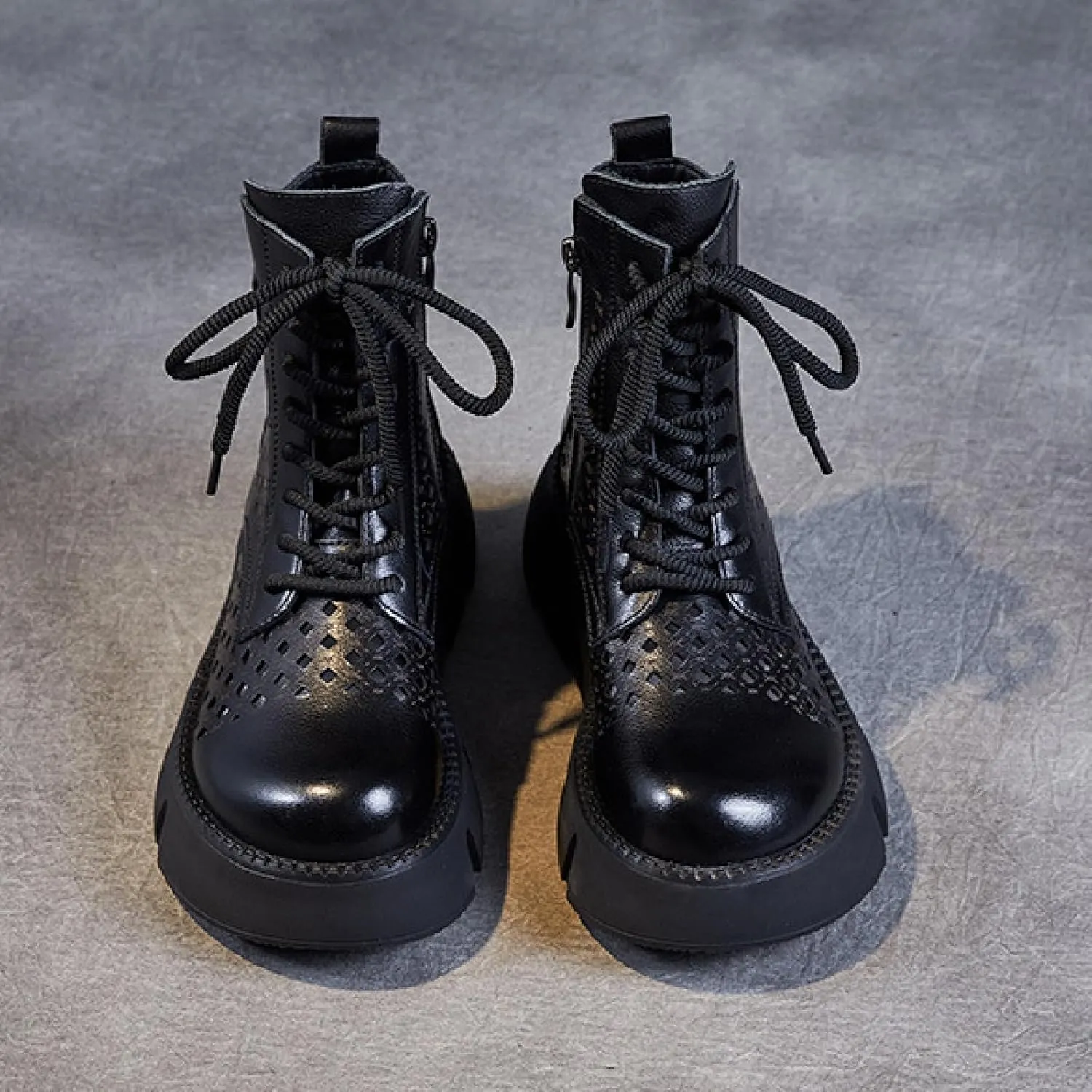Women's Genuine Leather Chunky Platform Boots Sandals With Side Zipper Fashion Breathable Hollow Out Lace Up Gladiator Sandals Anti-slip Lug Sole Summer Casual Roman Walking Sandals