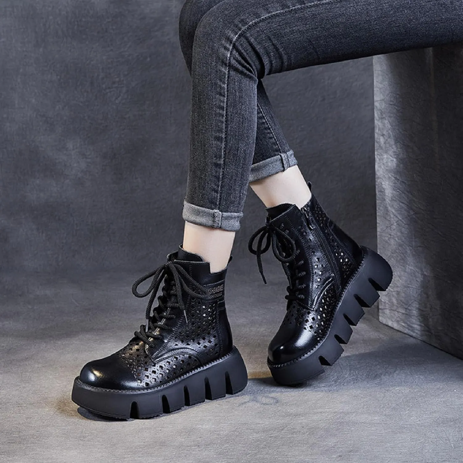 Women's Genuine Leather Chunky Platform Boots Sandals With Side Zipper Fashion Breathable Hollow Out Lace Up Gladiator Sandals Anti-slip Lug Sole Summer Casual Roman Walking Sandals