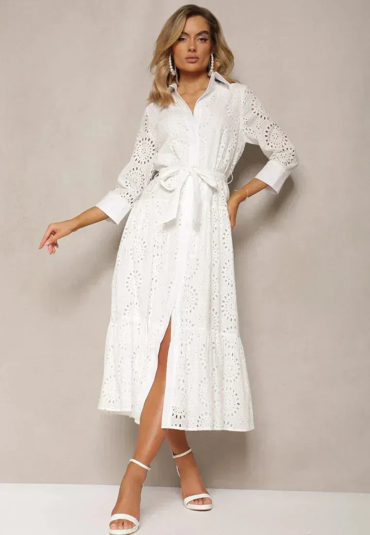 Womens Midi Dress  Broderie Anglaise  Relaxed Fit  Belted Waist  Button Front  Collared