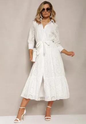 Womens Midi Dress  Broderie Anglaise  Relaxed Fit  Belted Waist  Button Front  Collared