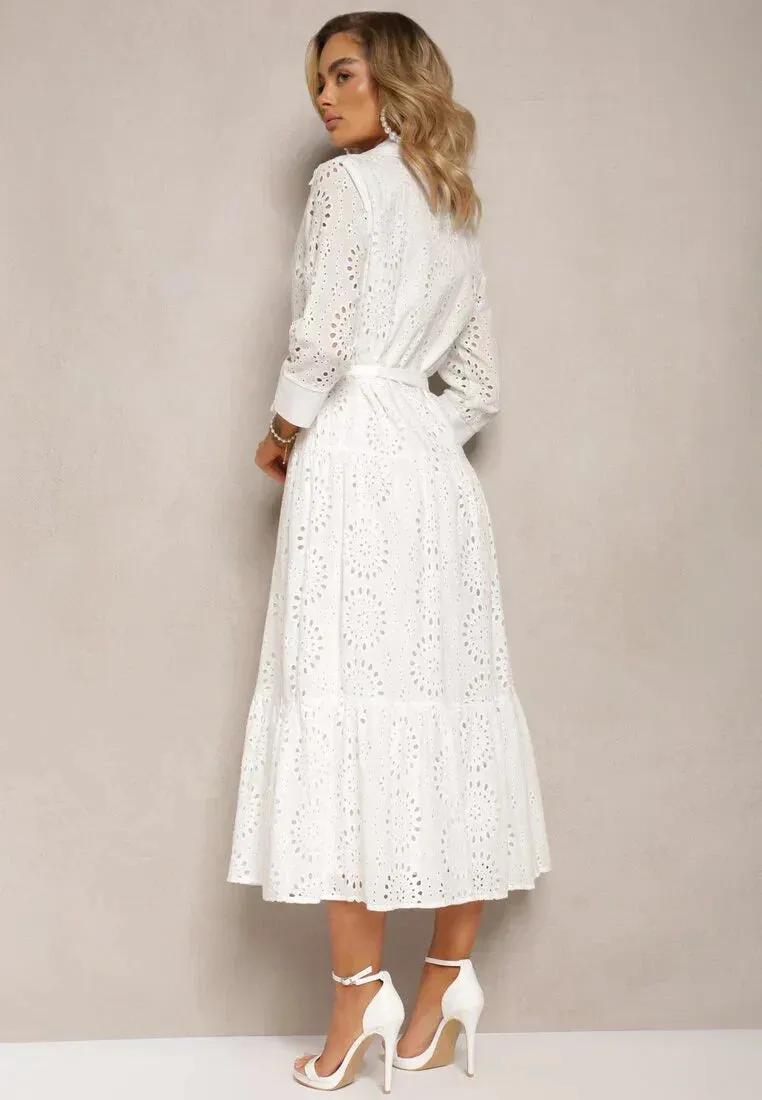 Womens Midi Dress  Broderie Anglaise  Relaxed Fit  Belted Waist  Button Front  Collared