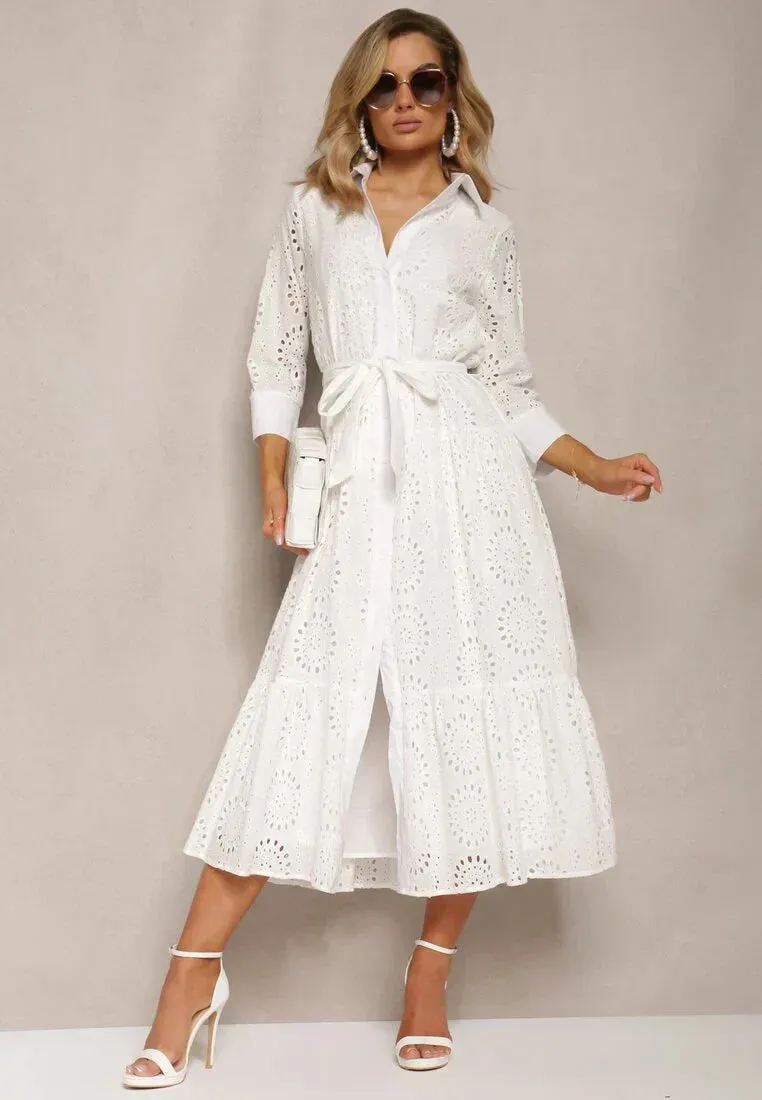 Womens Midi Dress  Broderie Anglaise  Relaxed Fit  Belted Waist  Button Front  Collared