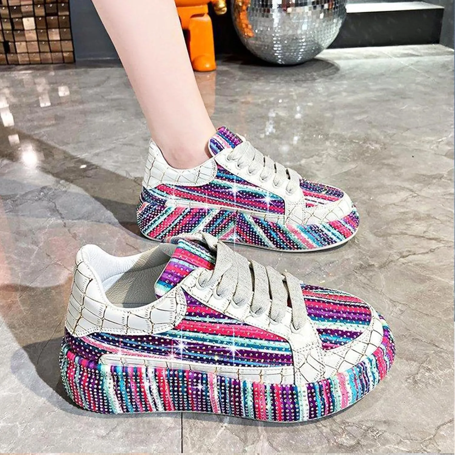 Women's Platform Glitter Sneakers, Women's Platform Colorful Fashion Sneakers Retro Colorblock Stylish Cute Chunky Dad Walking Shoes, Sparkly Bling Women's Chunky Rhinestone Sneak