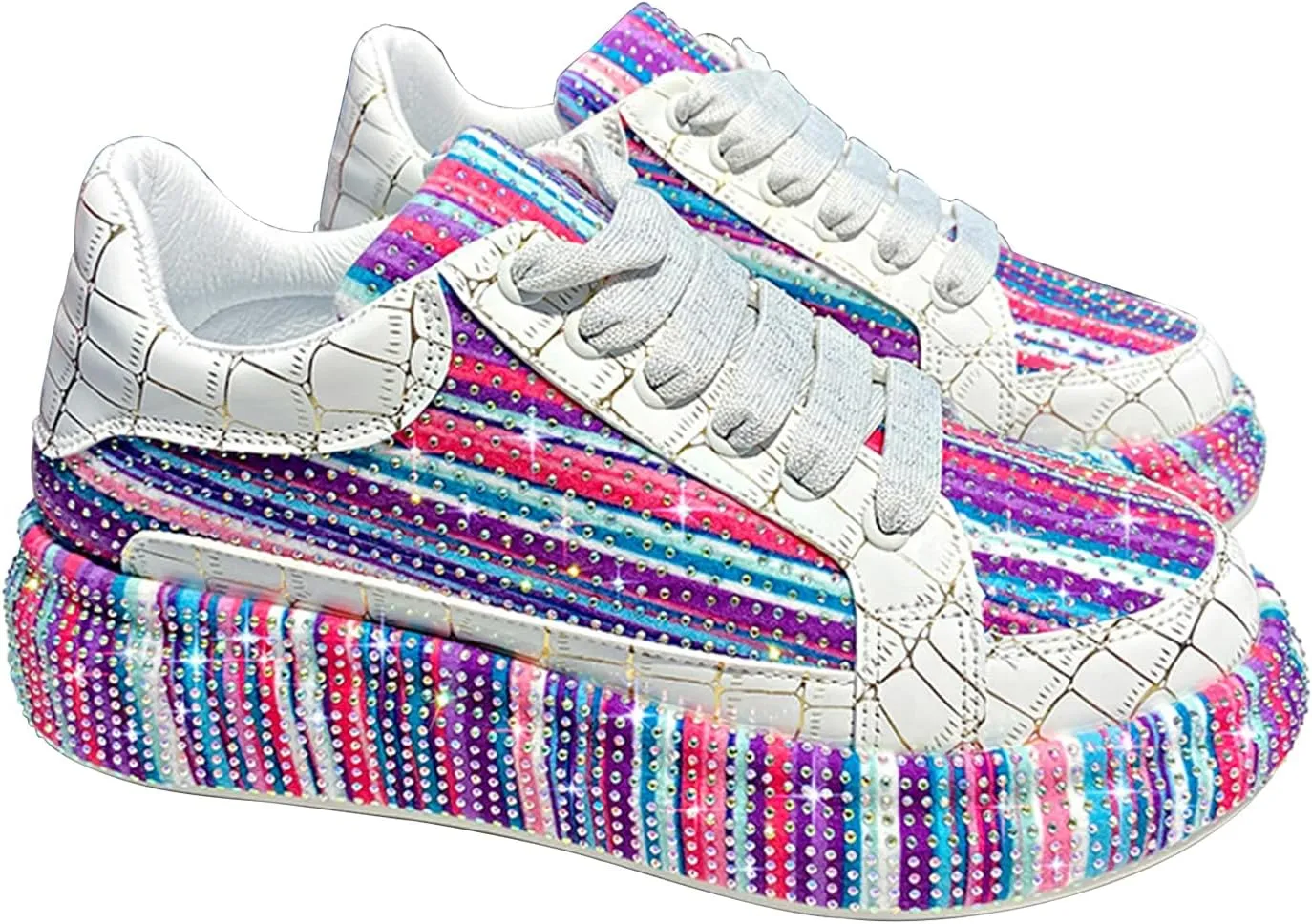 Women's Platform Glitter Sneakers, Women's Platform Colorful Fashion Sneakers Retro Colorblock Stylish Cute Chunky Dad Walking Shoes, Sparkly Bling Women's Chunky Rhinestone Sneak