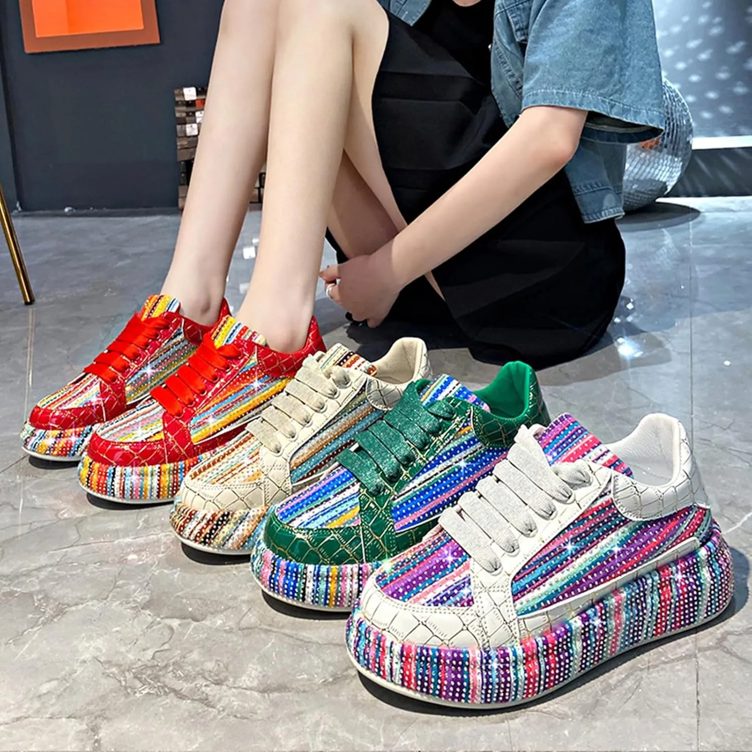 Women's Platform Glitter Sneakers, Women's Platform Colorful Fashion Sneakers Retro Colorblock Stylish Cute Chunky Dad Walking Shoes, Sparkly Bling Women's Chunky Rhinestone Sneak