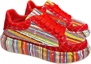 Women's Platform Glitter Sneakers, Women's Platform Colorful Fashion Sneakers Retro Colorblock Stylish Cute Chunky Dad Walking Shoes, Sparkly Bling Women's Chunky Rhinestone Sneak