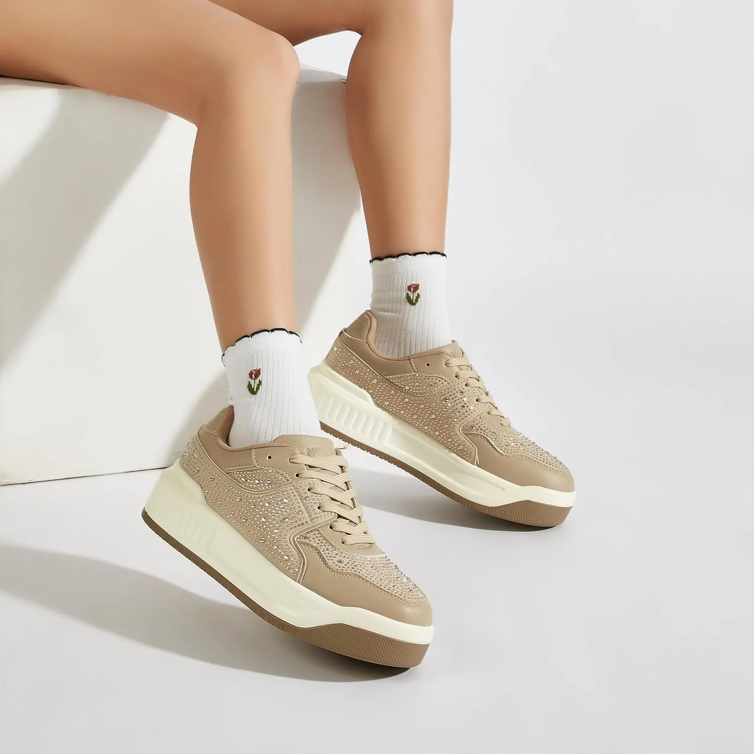 Women's Platform Sneakers Sparkle Rhinestone Chunky Shoes Leather Low Top Lace Up Walking Shoes