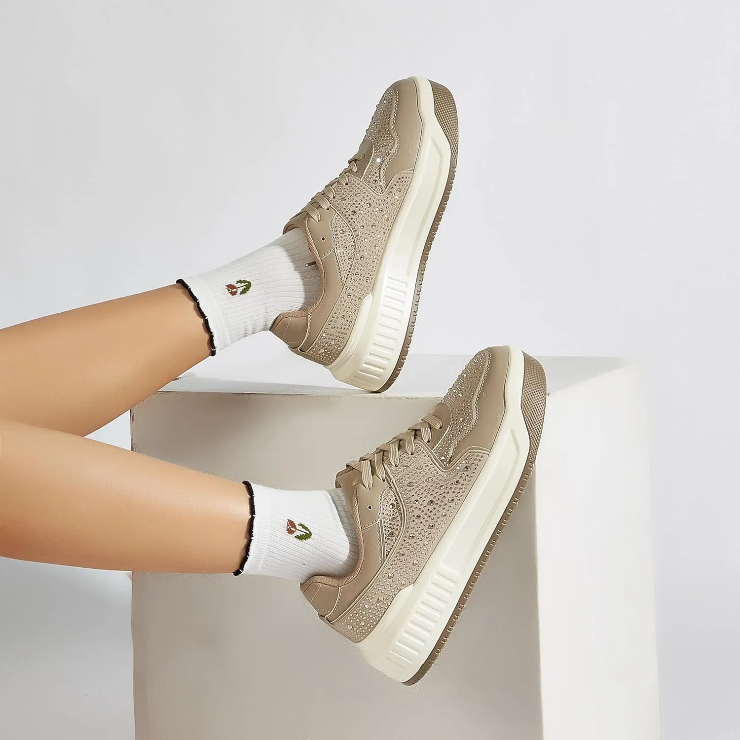 Women's Platform Sneakers Sparkle Rhinestone Chunky Shoes Leather Low Top Lace Up Walking Shoes