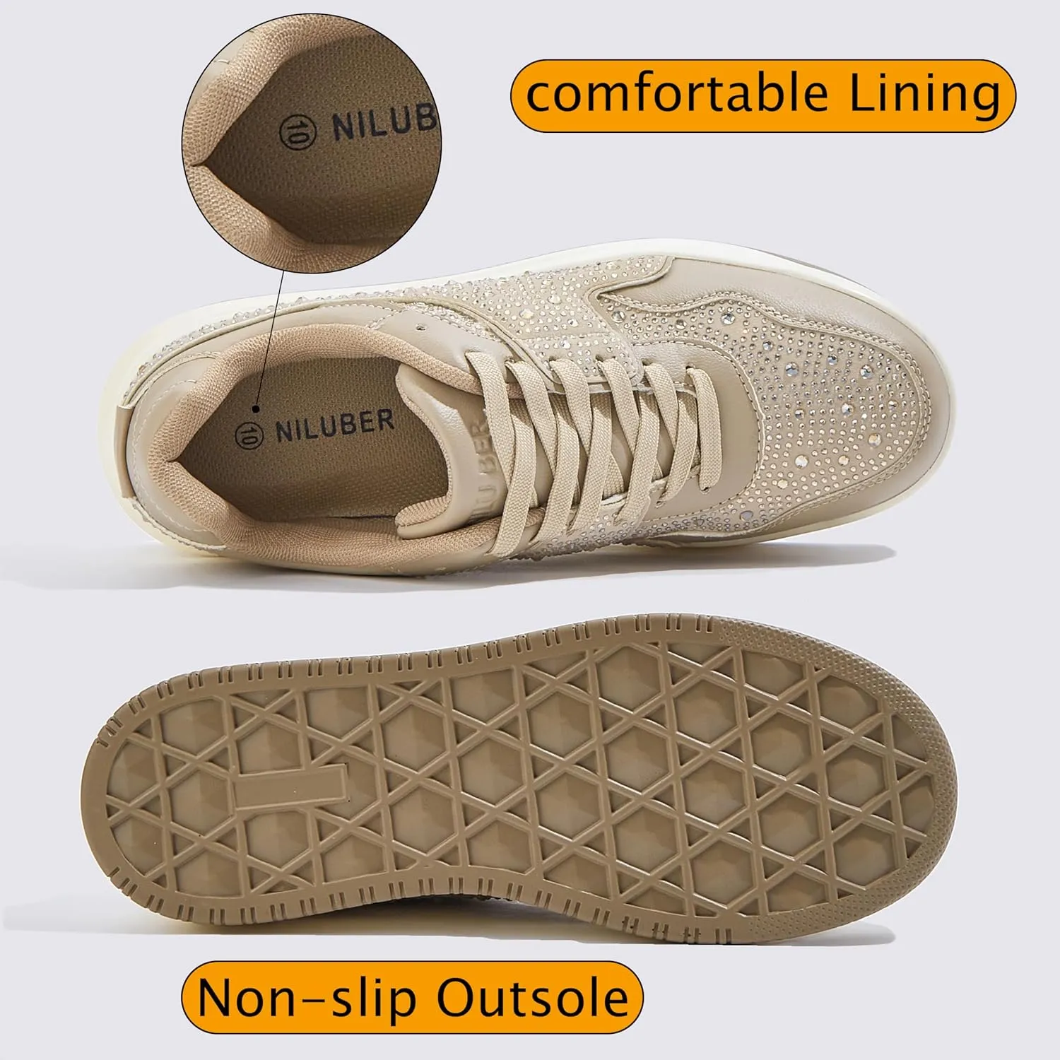Women's Platform Sneakers Sparkle Rhinestone Chunky Shoes Leather Low Top Lace Up Walking Shoes