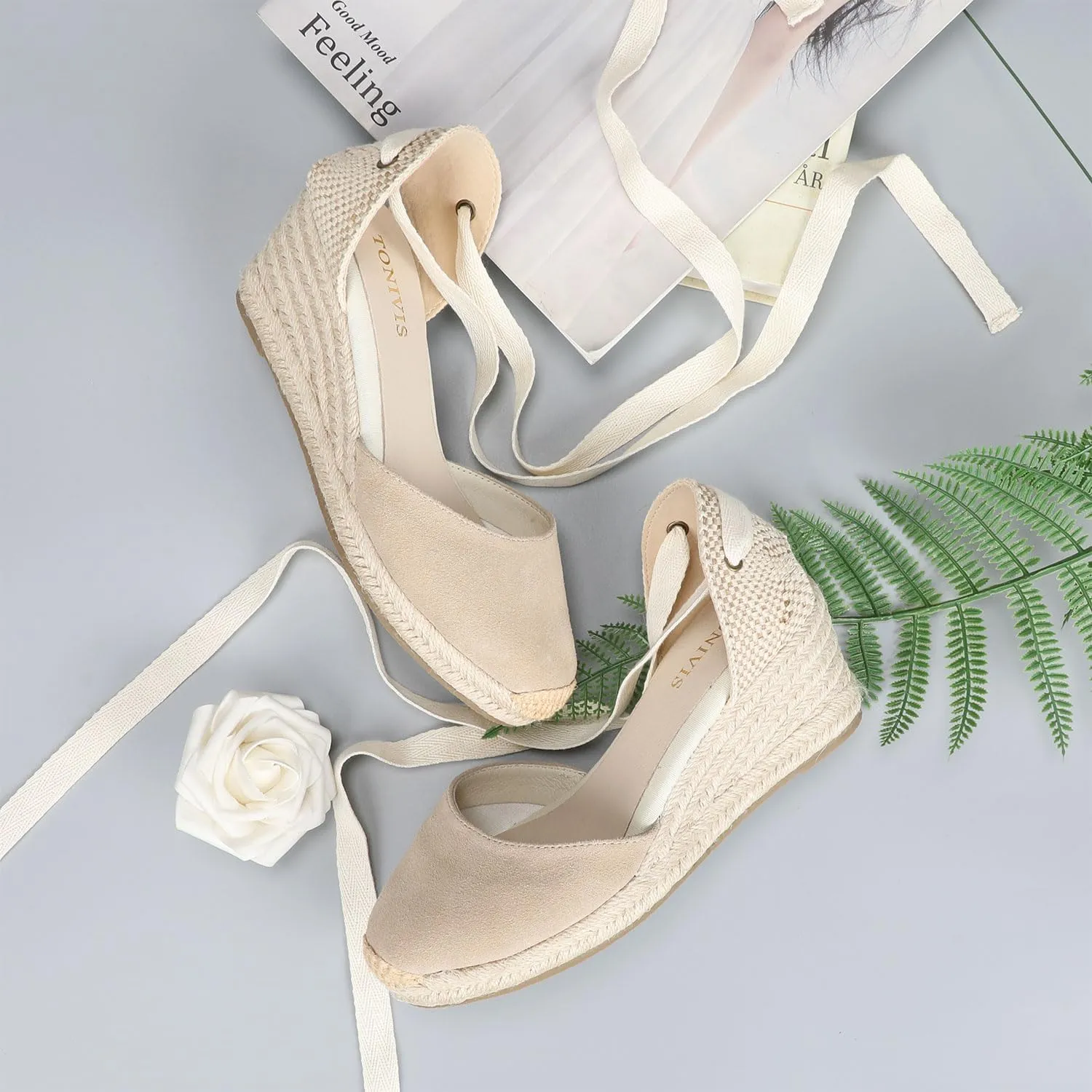 Womens Platform Wedges Espadrilles, 3" Wedge, Soft Ankle-Tie Strap, Closed Toe, Classic Summer Sandals