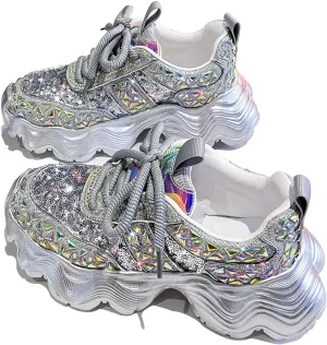 Women's Shiny Rhinestone Chunky Platform Fashion Sneakers, Chunky Sneakers Women, Comfortable Mesh Wedge Heel Non-Slip Height-Enhancing Party Carnival Dad Shoes