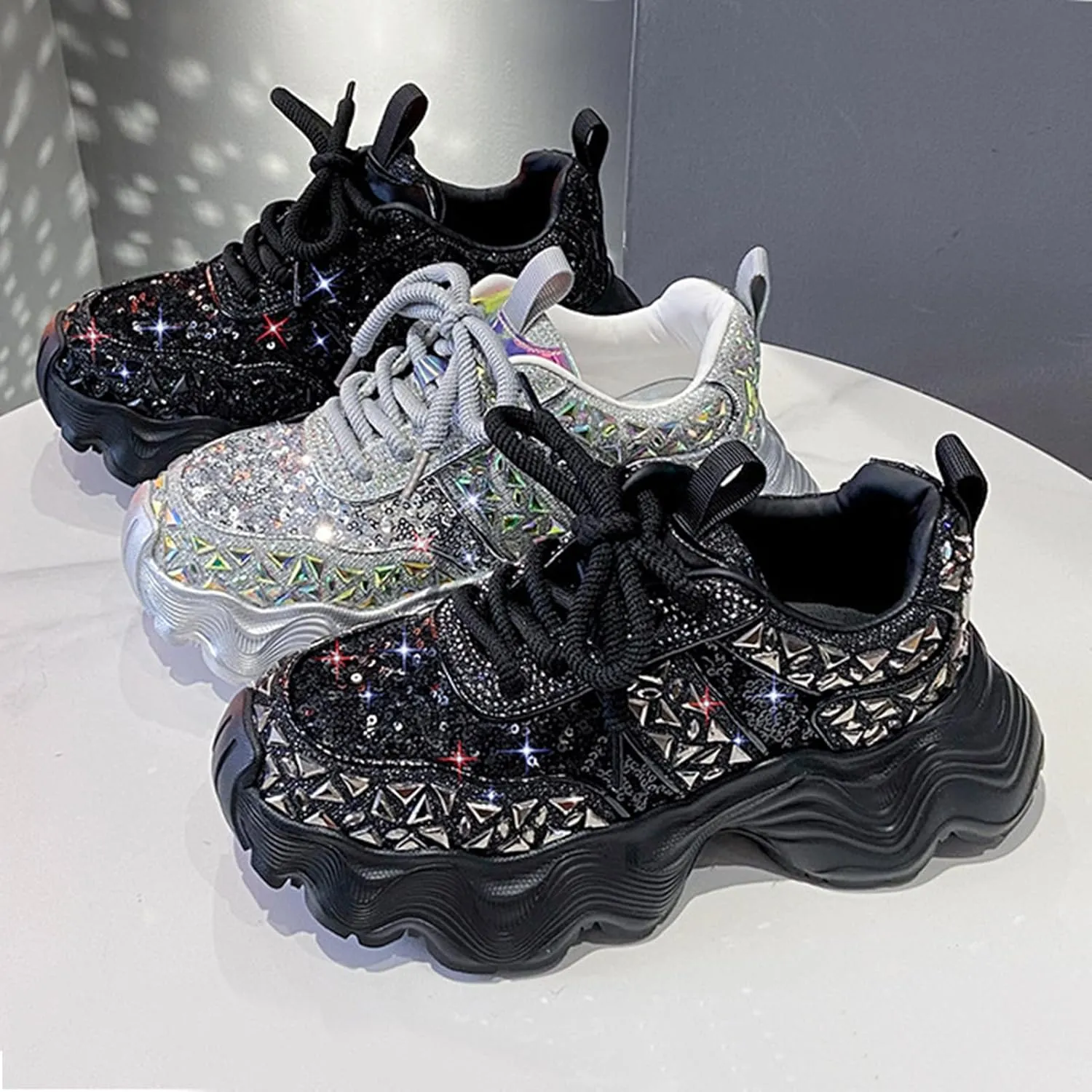 Women's Shiny Rhinestone Chunky Platform Fashion Sneakers, Chunky Sneakers Women, Comfortable Mesh Wedge Heel Non-Slip Height-Enhancing Party Carnival Dad Shoes