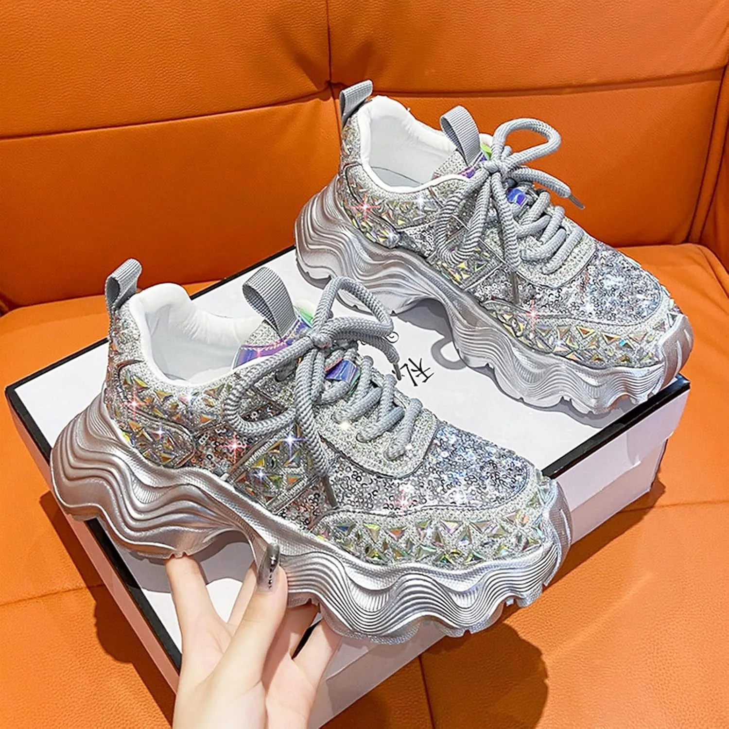 Women's Shiny Rhinestone Chunky Platform Fashion Sneakers, Chunky Sneakers Women, Comfortable Mesh Wedge Heel Non-Slip Height-Enhancing Party Carnival Dad Shoes