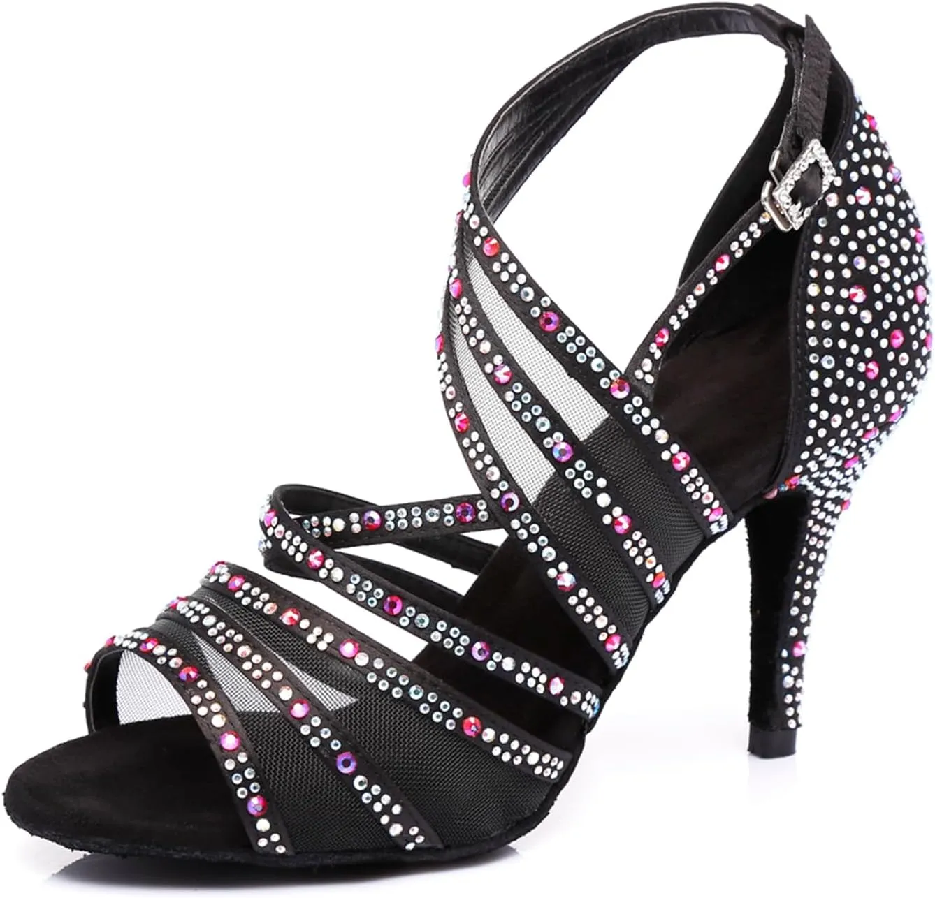 Women's Trendy Glitter Rhinestones Mesh Peep Toe Satin Ballroom Modern Tango Party Wedding Professional Dance Shoes Black US 6