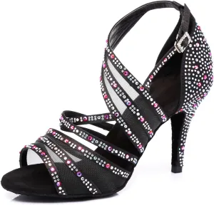 Women's Trendy Glitter Rhinestones Mesh Peep Toe Satin Ballroom Modern Tango Party Wedding Professional Dance Shoes Black US 6