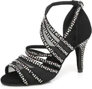 Women's Trendy Glitter Rhinestones Mesh Peep Toe Suede Ballroom Modern Tango Party Wedding Professional Dance Shoes Black US 9.5