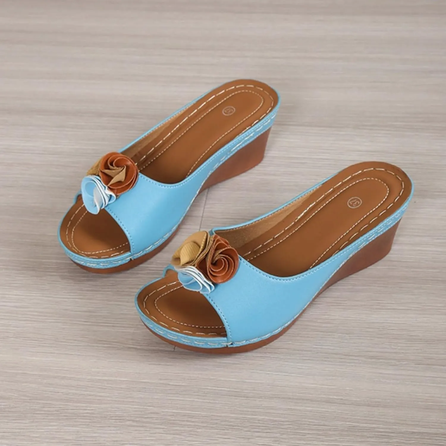 Womens Wedge Sandals Orthopedic Arch Support Slippers Fish Mouth Open Toe Mid Heel Platform Sandals Comfortable Vegan Leather Flower Sandal Dressy Casual Beach Slides