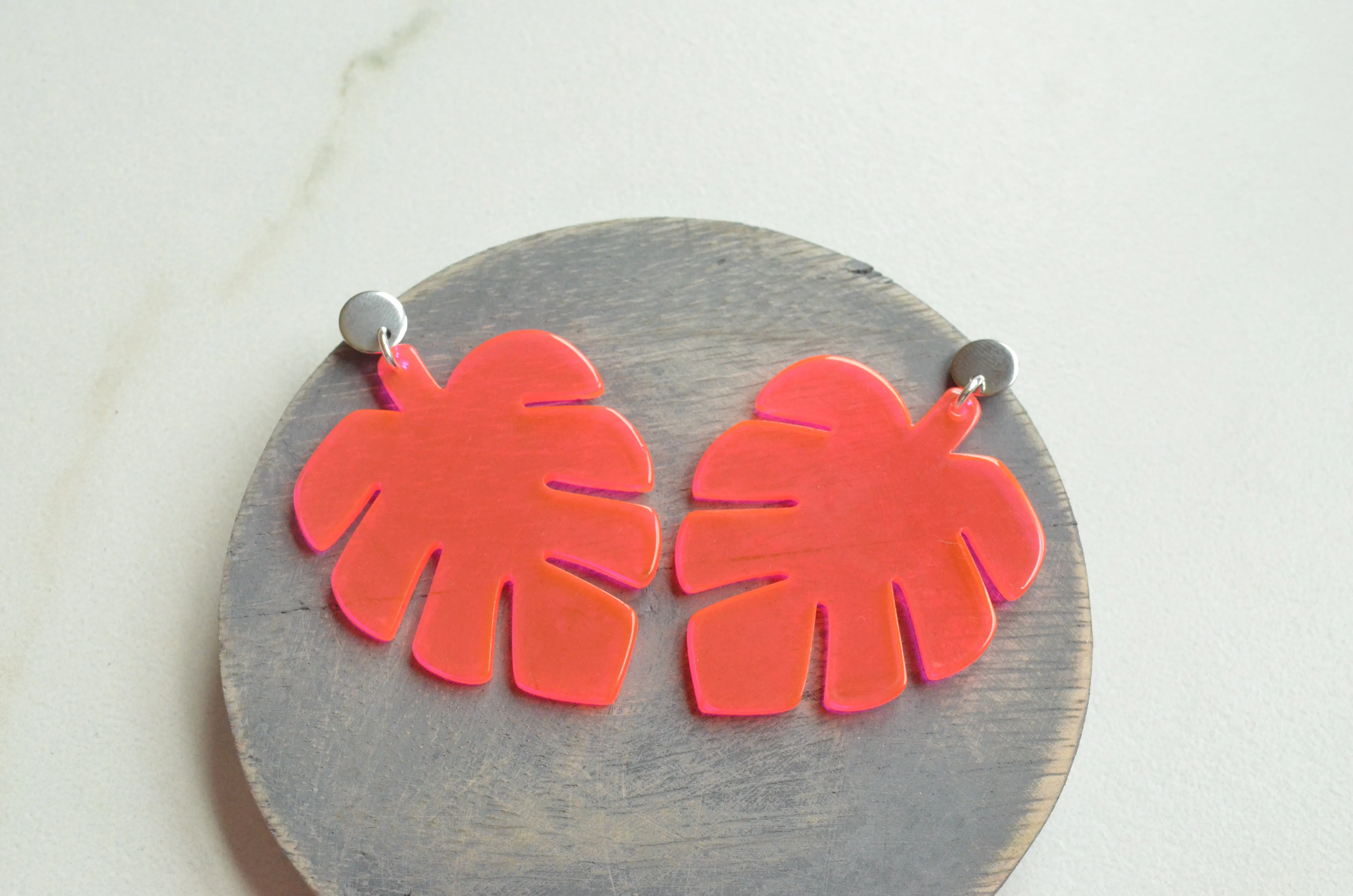 Yellow Pink Palm Leaf Lucite Big Dangle Statement Earrings - Tropicana