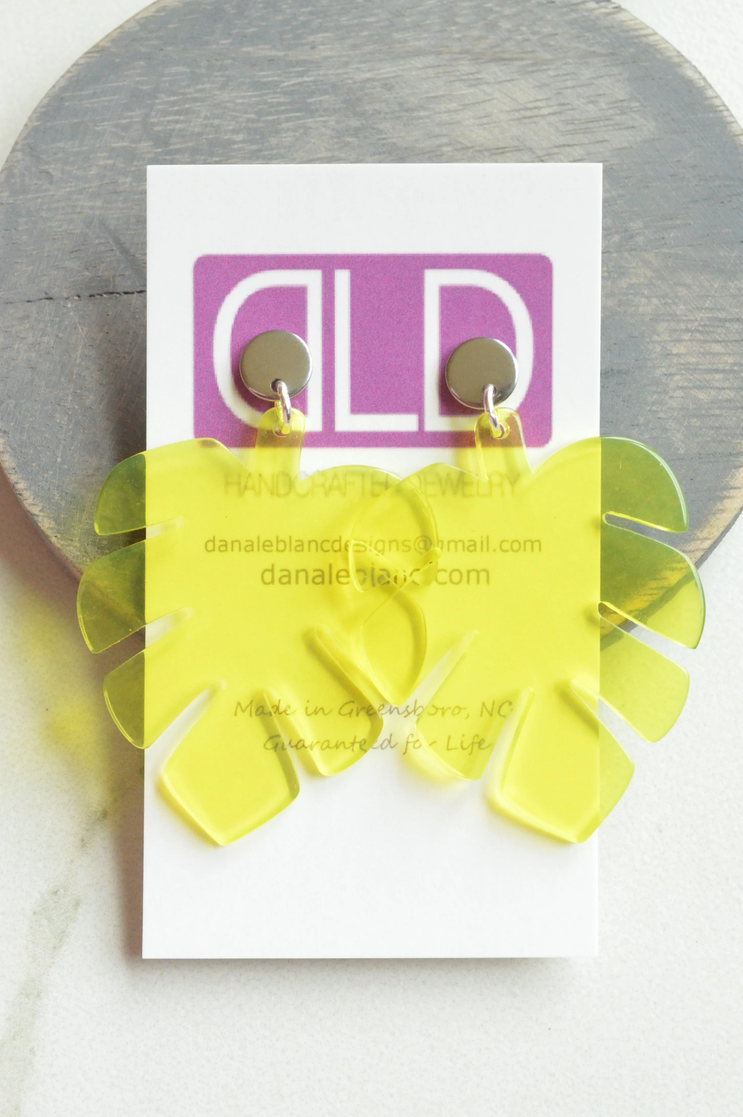 Yellow Pink Palm Leaf Lucite Big Dangle Statement Earrings - Tropicana