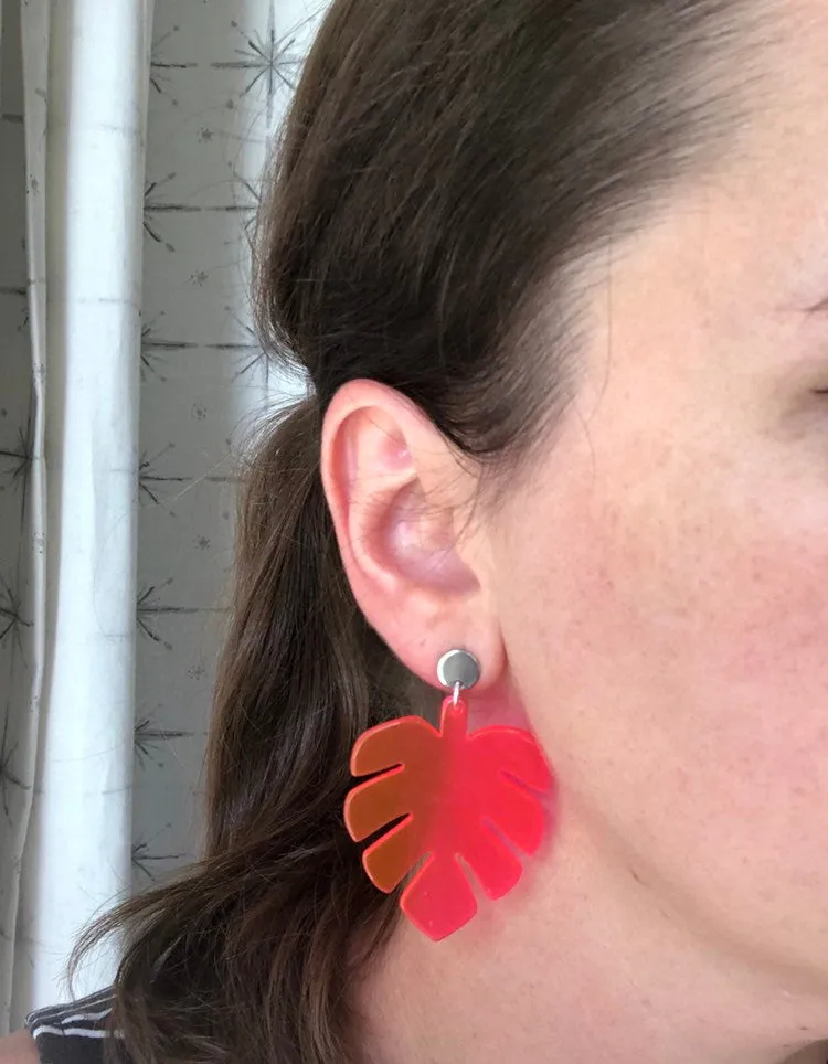 Yellow Pink Palm Leaf Lucite Big Dangle Statement Earrings - Tropicana